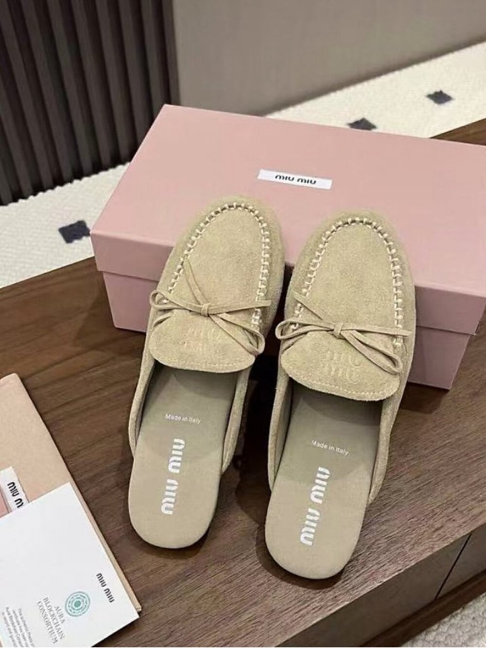 Miu Miu Beige Suede Bow-Accent Moccasin Mules